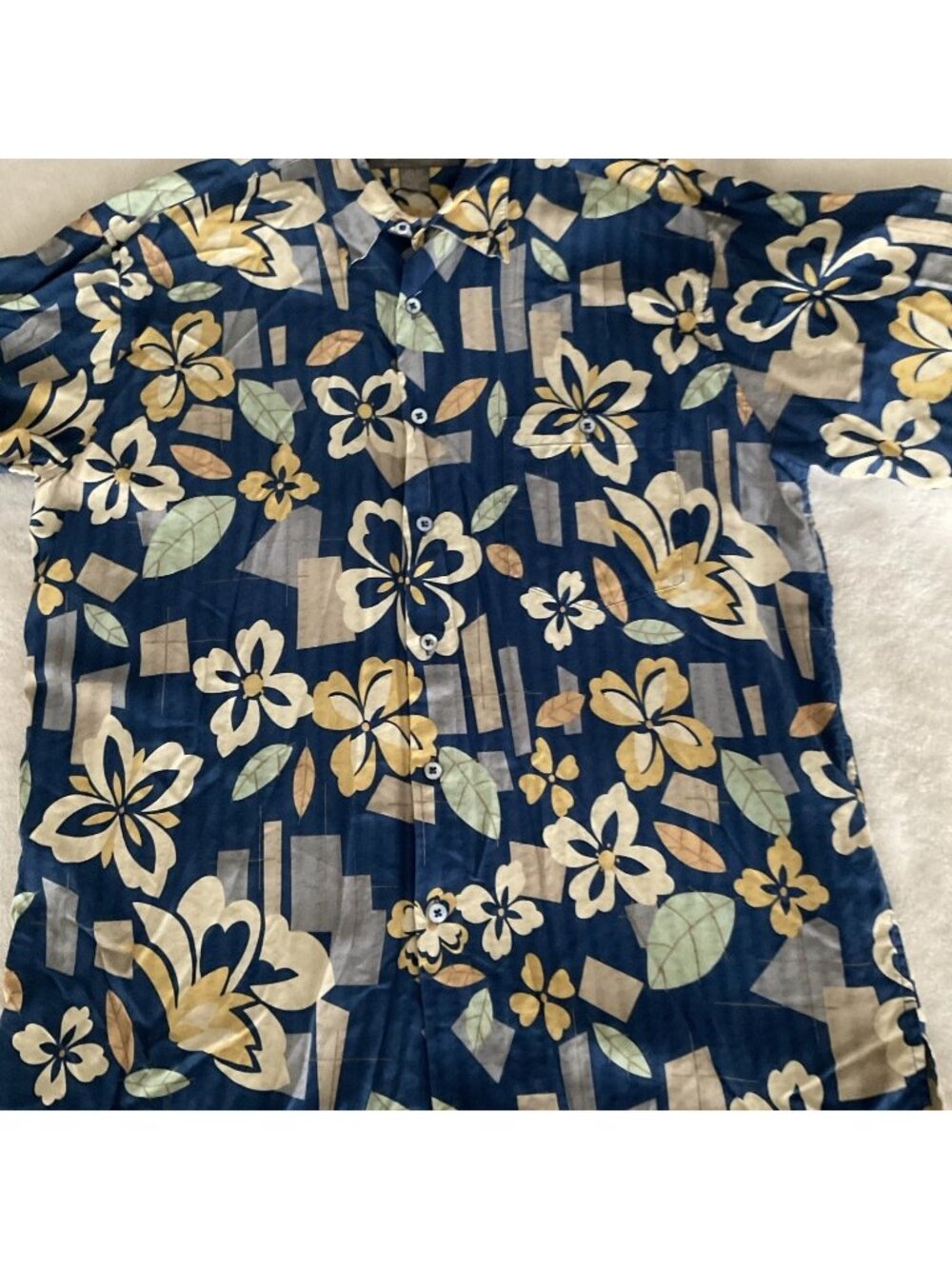 Tori Richard Graphic Tropical Button-Up Shirt Mens XL 100% Silk Blue Tan Floral